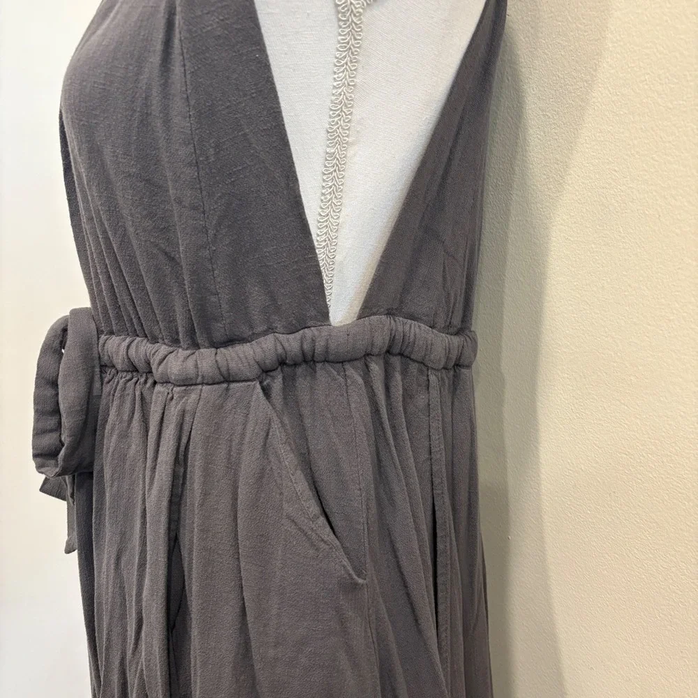 Free People Spring Love Midi Dress Carbon Gray Halter Open Back Pom Trim XS Boho